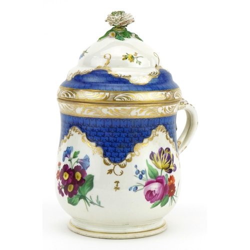 215 - Vienna, Austrian porcelain lidded baluster chocolate cup hand painted with flowers, 19cm high