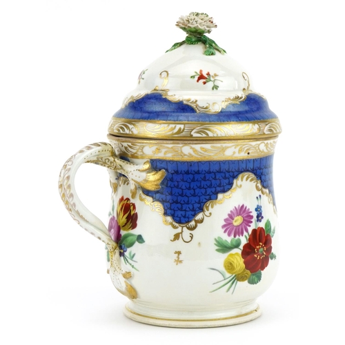 215 - Vienna, Austrian porcelain lidded baluster chocolate cup hand painted with flowers, 19cm high