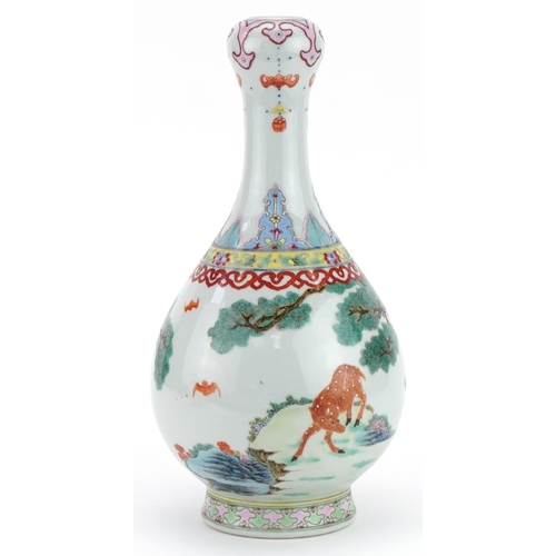 353 - Chinese porcelain garlic head vase hand painted in the famille rose palette with deer in a landscape... 