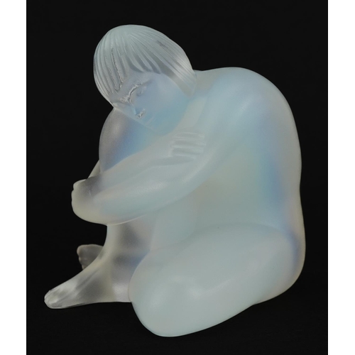 434 - Lalique, French opalescent frosted glass Nu Sage paperweight with box, etched Lalique France, 7cm hi... 