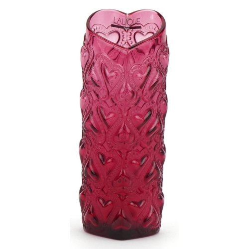 435 - Lalique, French partially frosted Amour heart pink glass vase with box etched Lalique France, 16cm h... 