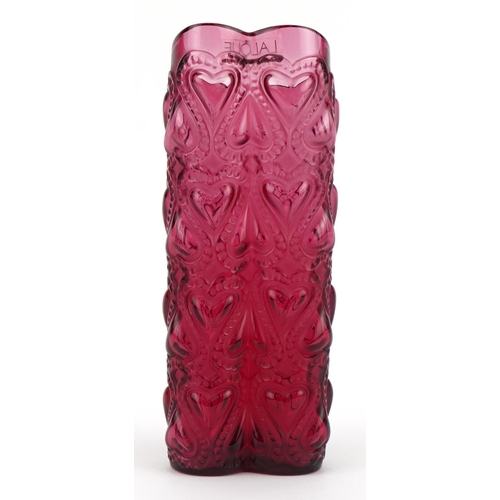 435 - Lalique, French partially frosted Amour heart pink glass vase with box etched Lalique France, 16cm h... 