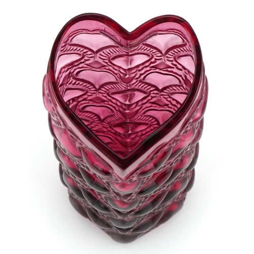 435 - Lalique, French partially frosted Amour heart pink glass vase with box etched Lalique France, 16cm h... 