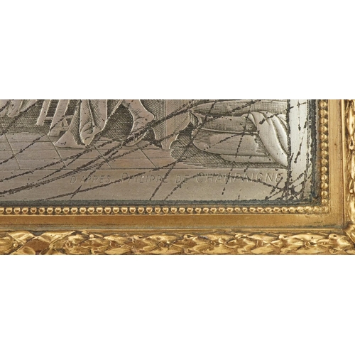 631 - After Philippe de Champaigne, 19th century French silver plated engraved easel plaque with gilt bord... 