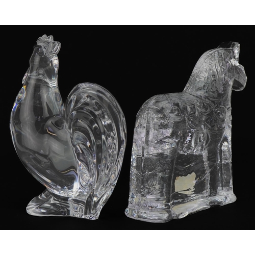 482 - Two mid century style glass paperweights comprising one in the form of a rooster by Baccarat and a S... 