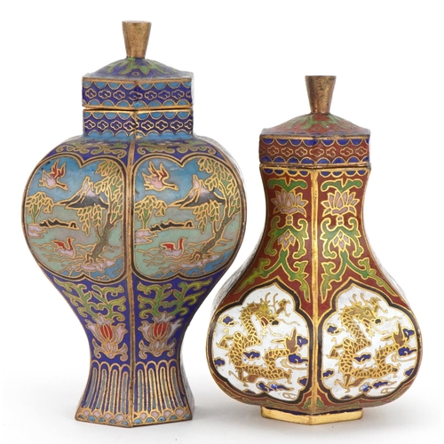 772 - Two Chinese cloisonne hexagonal vases and covers enamelled with dragons and flowers, the largest 10c... 