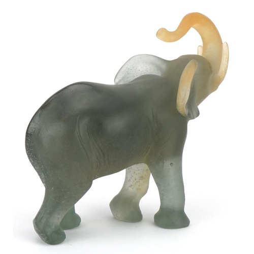 3 - Daum, large French frosted yellow and green glass elephant, etched Daum France, 24cm in length