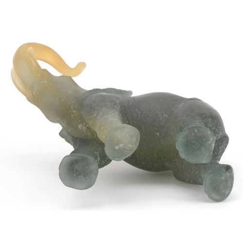 3 - Daum, large French frosted yellow and green glass elephant, etched Daum France, 24cm in length