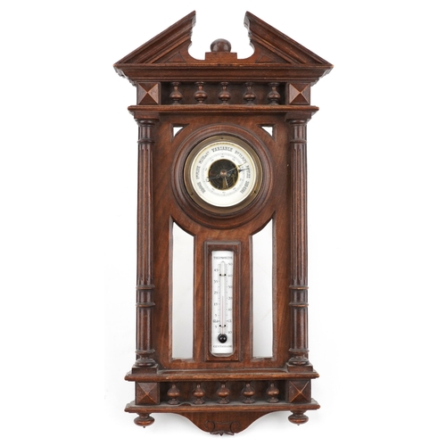 2701 - Victorian Gothic style wall barometer with thermometer having enamelled dial, 54cm high