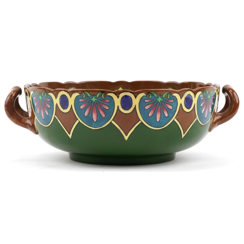 183 - Foley Intarsio, Art Nouveau twin handled bowl with twin handles hand painted with stylised flowers, ... 