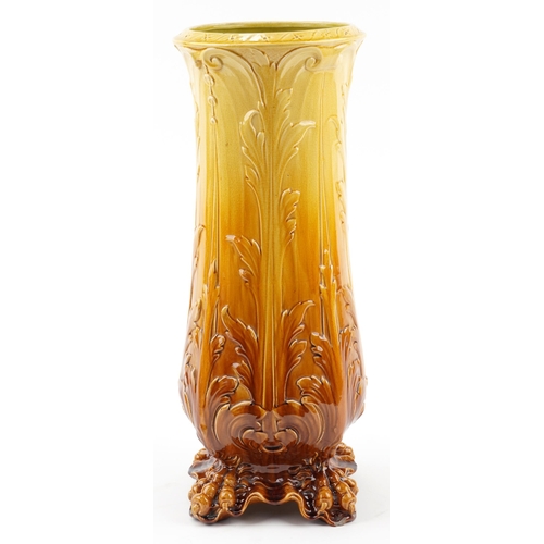 117 - Woodlesford, Arts & Crafts art pottery stick stand having a yellow and brown glaze decorated in low ... 