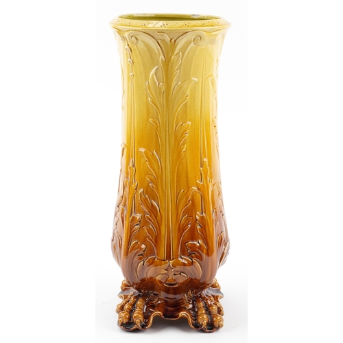 117 - Woodlesford, Arts & Crafts art pottery stick stand having a yellow and brown glaze decorated in low ... 