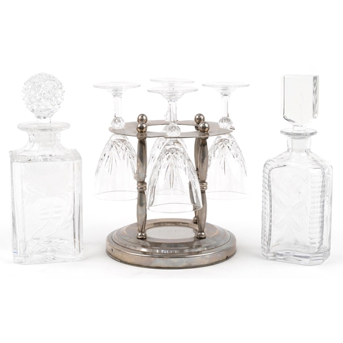 753 - Silver plated stand with four glasses and two glass decanters including Royal Brierley, the largest ... 