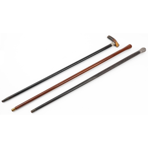 608 - Three wooden walking sticks including two with rosewood shafts, one with horn handle, the other with... 