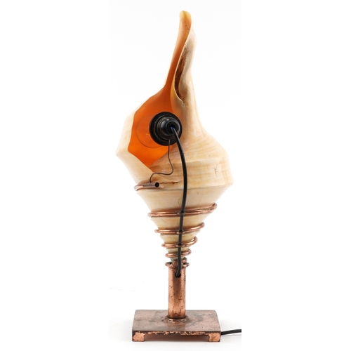 328 - Unusually large mid century style conch shell table lamp with coppered stand, 52cm high