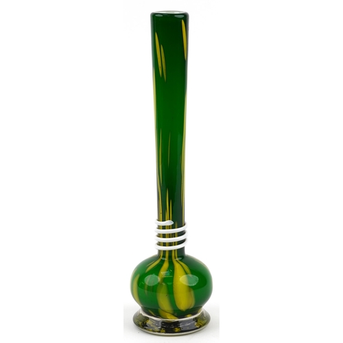 712 - Large green and yellow art glass vase with white trailed decoration, 46cm high