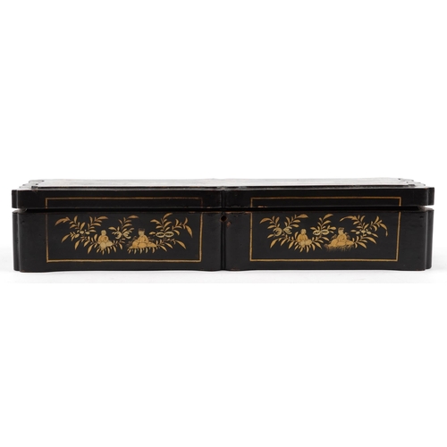 662 - Chinese export black lacquered brisee fan box gilded with figures amongst pavilions and flowers, 7cm... 