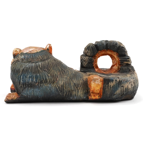 775 - Chinese painted carved wood recumbent lion, 48cm in length