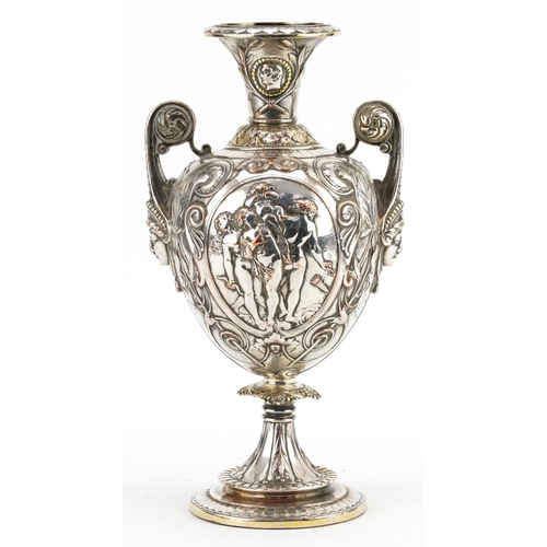 337 - Elkington & Co, 19th century Renaissance style twin handled vase decorated in relief with semi nude ... 