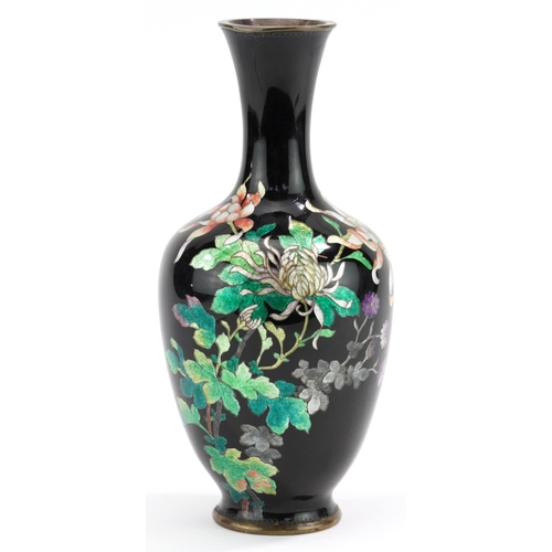 156 - Japanese black ground cloisonne vase finely enamelled with flowers, 21.5cm high