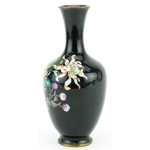 156 - Japanese black ground cloisonne vase finely enamelled with flowers, 21.5cm high