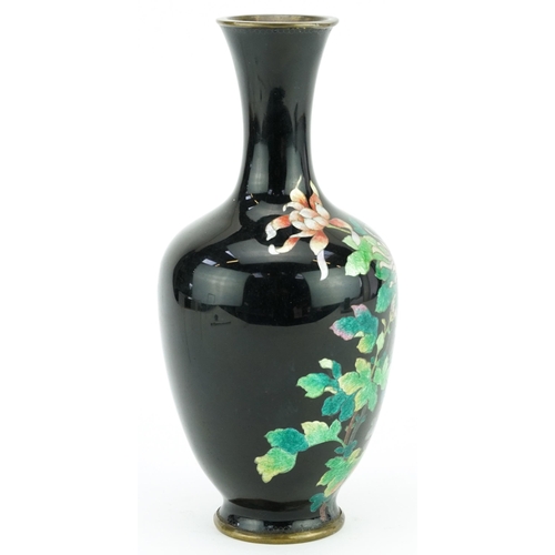 156 - Japanese black ground cloisonne vase finely enamelled with flowers, 21.5cm high