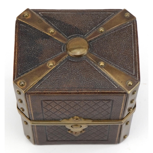 627 - 19th century tooled leather scent bottle case with applied brass strapwork, 10cm H x 8cm W x 6.5cm D