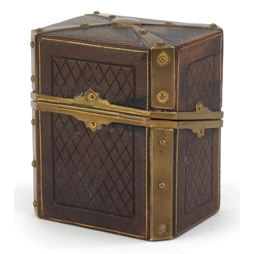 627 - 19th century tooled leather scent bottle case with applied brass strapwork, 10cm H x 8cm W x 6.5cm D