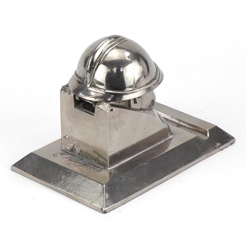 419 - Richer of Paris, vintage French novelty silvered metal desk inkwell in the form of a fireman with hi... 