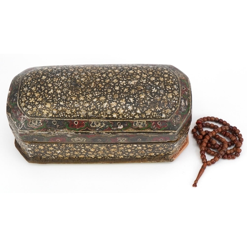 70 - 18th century Turkish Ottoman tesbih box with prayer beads, the box hand painted with flowers, 10cm H... 