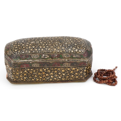 70 - 18th century Turkish Ottoman tesbih box with prayer beads, the box hand painted with flowers, 10cm H... 