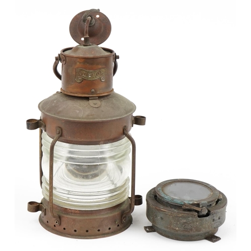 230 - Shipping interest copper and brass anchor lantern and a ship's compass, the largest 36.5cm high