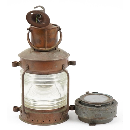 230 - Shipping interest copper and brass anchor lantern and a ship's compass, the largest 36.5cm high