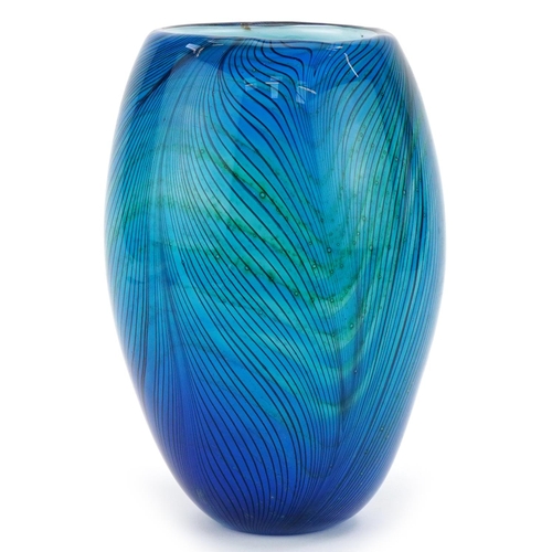 370 - Murano style white cased blue and green art glass vase with combed decoration, 22.5cm high