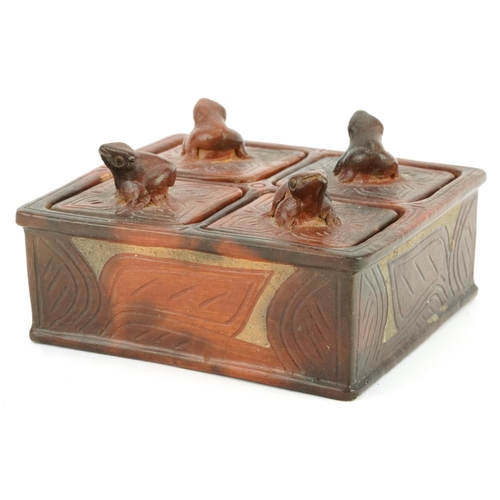 1400 - South American terracotta lidded four section spice box with frog finials, 16.5cm x 16.5cm
