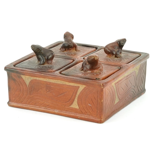 1400 - South American terracotta lidded four section spice box with frog finials, 16.5cm x 16.5cm