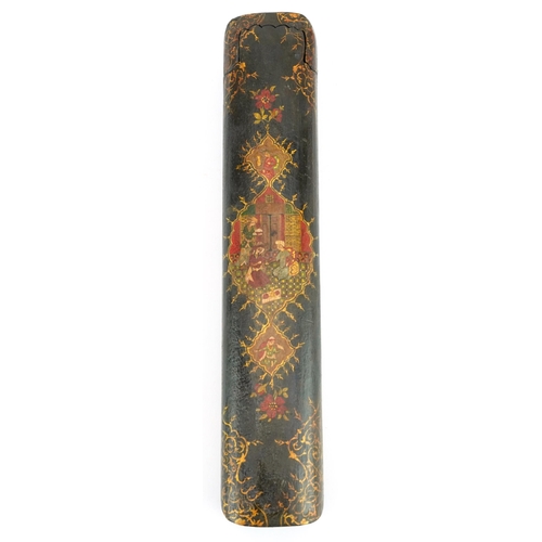 304 - Turkish Ottoman pen box lacquered and painted with figures and flowers, 27.5cm in length