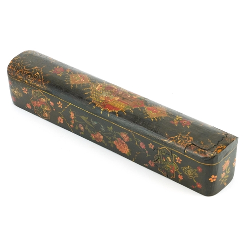 304 - Turkish Ottoman pen box lacquered and painted with figures and flowers, 27.5cm in length