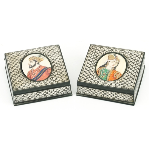 301 - Pair of Indian Bidriware boxes with hinged lids having inset hand painted portrait panels, each hous... 