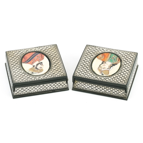 301 - Pair of Indian Bidriware boxes with hinged lids having inset hand painted portrait panels, each hous... 