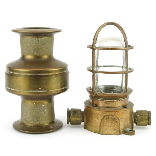 229 - Shipping interest bronze oceanic lantern and two piece bronze pulley, the largest 24cm high