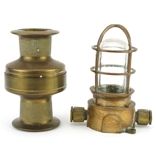 229 - Shipping interest bronze oceanic lantern and two piece bronze pulley, the largest 24cm high