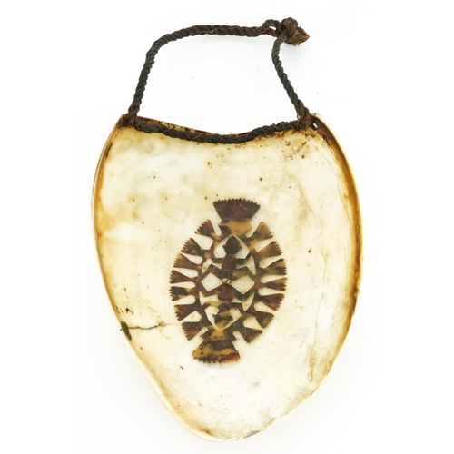 296 - Tribal interest Soloman island Tema shell breastplate with carved tortoiseshell, the breastplate 23c... 