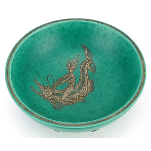 22 - Gustavsberg, mid century Swedish five footed bowl with silver inlay depicting a female riding a myth... 