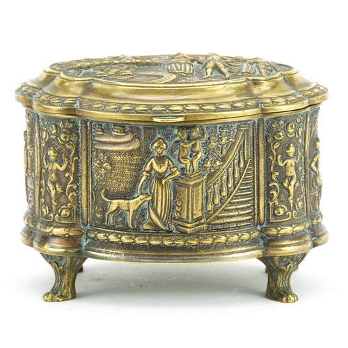 174 - Classical patinated bronze four footed jewel casket cast in relief with figures, 10cm H x 13.5cm W x... 