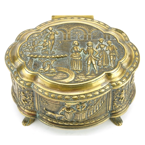 174 - Classical patinated bronze four footed jewel casket cast in relief with figures, 10cm H x 13.5cm W x... 