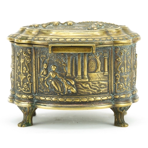 174 - Classical patinated bronze four footed jewel casket cast in relief with figures, 10cm H x 13.5cm W x... 