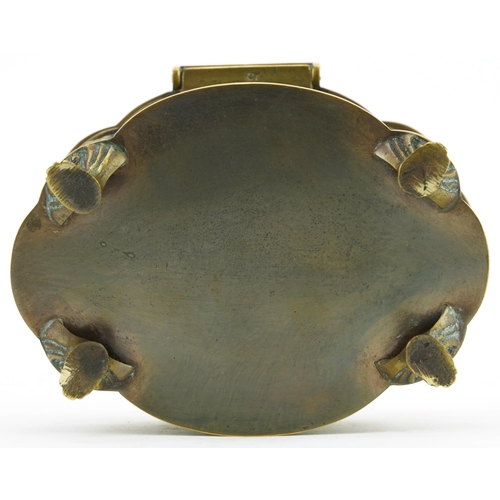 174 - Classical patinated bronze four footed jewel casket cast in relief with figures, 10cm H x 13.5cm W x... 