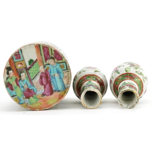 748 - Chinese Canton porcelain hand painted in the famille rose palette including a pair of vases, the lar... 