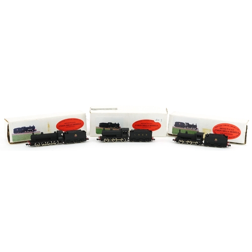 Three Union Mills Models N gauge model railway locomotives and tenders with boxes comprising LNER Black Livery, BR Black Livery and BR Black Livery